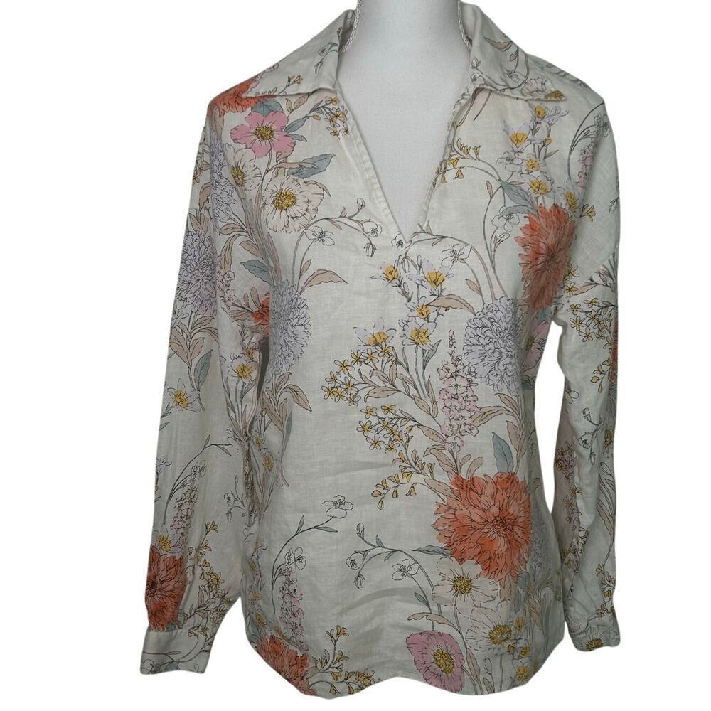 Ann Taylor off white floral long sleeve linen popover collared v-neck blouse S